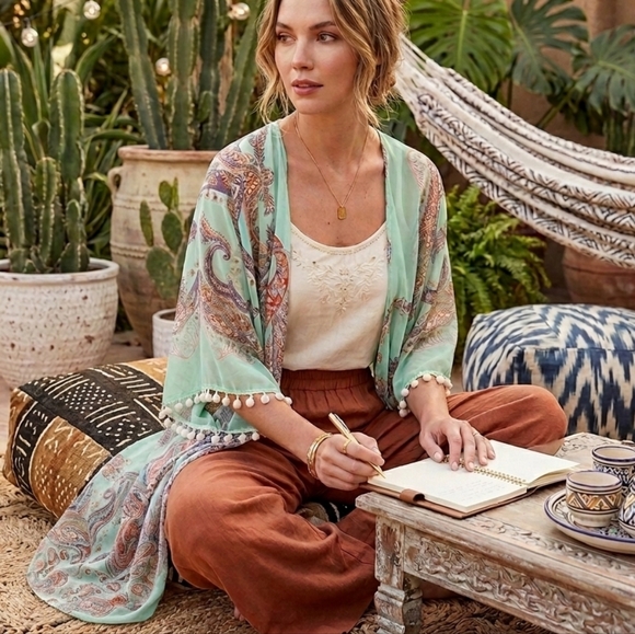 Umgee Tops - Umgee Mint Paisley Kimono with Pom Trim